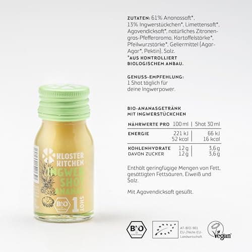 Kloster Kitchen Lot de 14 shots de gingembre bio - 1SHOT - 14 x 30 ml - Avec véritables morceaux de gingembre - Végétalien dans une bouteille en verre à emporter - Doux et épicé - Sans additifs et