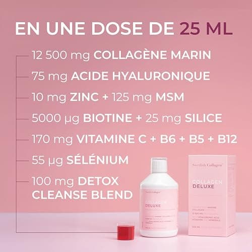 Collagen Deluxe 500 ml de collagène liquide | 12 500 mg de collagène marin, avec de l'acide hyaluronique, des vitamines et des minéraux pour les cheveux, la peau et les ongles.