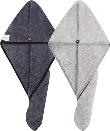 M-bestl Lot de 2 Serviettes de séchage pour Cheveux, Serviette à Cheveux en Microfibre Super absorbante avec Bouton pour sécher Rapidement Les Cheveux (Gris foncé et Gris Clair)