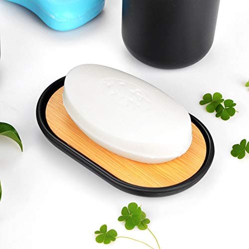 Ensemble Salle de Bain Accessoires en Bambou - 6Pièces Accessoire Salle de Bain Noir Contient Bouteilles de Lotion, Porte-Brosse à Dents, Tasse à Dents, Porte-Savon, Brosse de Toilette, Poubelle