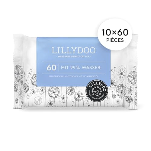 Lingettes LILLYDOO pour bébé faites à 99% d'eau, Lot de 10 x 60 (600 lingettes), lingettes 100% sans plastique, sans parfum et douces comme du coton et de l'eau