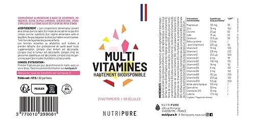 Nutripure | Multivitamines et Minéraux 21 Nutriments | Complément Alimentaire | Magnesium, Vitamine B12, Vitamine D, Zinc | Antioxydant, Cognitif, Vision | 60 gélules | 1 mois | Fabriqué en France