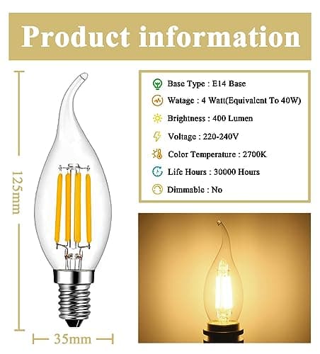 RANBOO Ampoules à LED E14 4W Filament Bougie Ampoule Blanc Chaud 2700K, 400LM, 40W Equivalent, Non-Dimmable, Chandelier E14 SES ampoules, Angle de faisceau à 360 degrés, Lot de 6