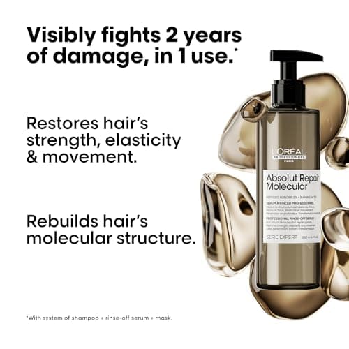 L'OREAL PROFESSIONNEL - Absolut Repair Molecular - Cheveux Très Abîmés, Raides à Bouclés - Traitement Moléculaire & Instantané - 3x Plus de Force
