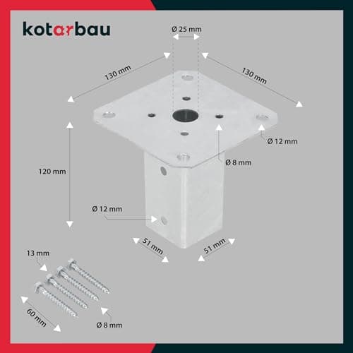 KOTARBAU® Support Poteau a Visser 50 x 50 mm Carré Manchon de Sol Support de Poteau Ancre de Poteau en Acier Galvanisé à Chaud Argent Support Poteau Bois Fixation Poteau Bois