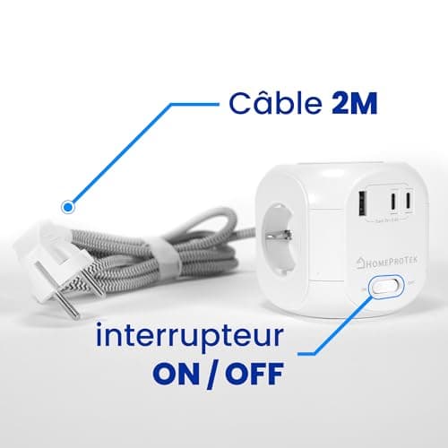 HOMEPROTEK Multiprise Cube - Chargeur Sans fil, Rallonge Multiprise USB avec 3 Prises, 1 USB-A, 2 Type C et Bloc de Charge, Station de Charge Multiple avec Interrupteur pour Domicile et Bureau (Blanc)
