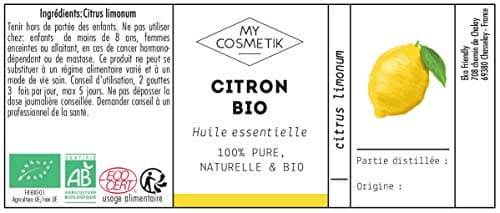 MY COSMETIK - Huile Essentielle de Citron BIO AB - Issue de l'agriculture Biologique - Chémotypées HEBBD/HECT - 100% pure et naturelle - Certifié ECOCERT - Fabriqué en France - 30 ml