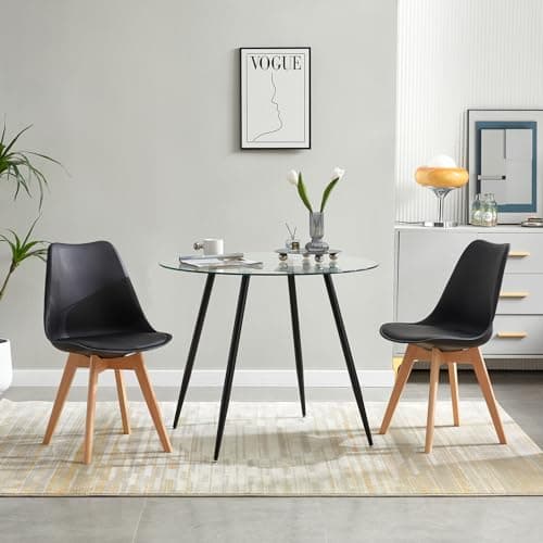 IPOTIUS Table à Manger en Verre Scandinave Table Ronde 80cm pour 2 à 4 Personnes, Pieds en Bois 80x75cm Noir