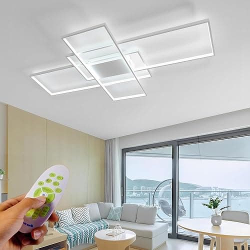 Luminaire Plafonnier LED Dimmable Salon Lustre 3000K-6000K, Avec Télécommande Moderne Plafond Rectangulaire Design 65W Applicable à Salon, Cuisine, Chambre (White, 105cm)