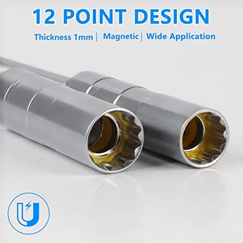 efuturetime Clé à Bougie 16/14mm Douille Bougie, Douille Articulée Magnétique à Bougie Douze Pans, Universelle Cle a Bougie 3/8", Spark Plug Wrench pour Le Démontage et l'Installation (Longue)