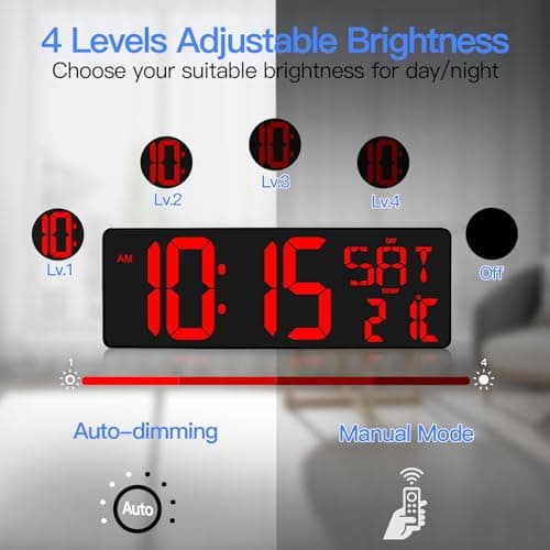 XREXS 17'' Horloge Murale Digitale, Calibrage Automatique de l'heure Via Bluetooth, Horloge Numérique, Luminosité Réglable, Horloge Murale Numérique avec Heure/Date/Température/Alarme/Minuteur
