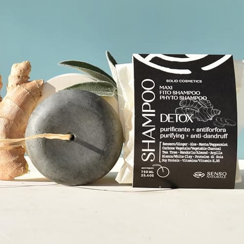 Senso Naturale Shampoing Solide Détox Purifiant Antipelliculaire et Dermatite Séborrhéique, pour Cheveux Gras avec Charbon Végétal Tea Tree Gingembre Huile de Coco, ne Sèche les Longueurs, PH 4.5-5.0