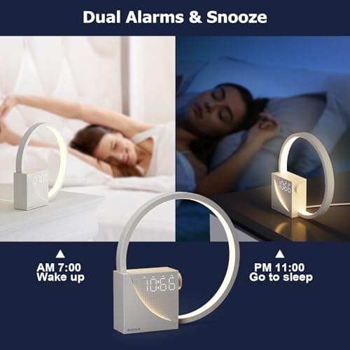 Lampe de chevet Touch Dimmable avec fonction de charge USB, Lampe de chevet LED avec réveil, Lumière Wake Up avec deux alarmes 3 niveaux de luminosité et 10 sons naturels pour chambre à coucher salon