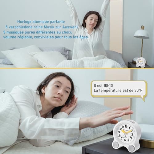 Hearkent Réveil Parlant avec Un Son agréable à la française, rétro - éclairé et 5 Ensembles de réveils indépendants pour Les aveugles, Les malvoyants et Les Personnes âgées (Tout Noir)
