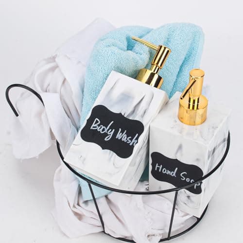 Dispenseurs de Luxe Fini Marbre - 500ml, Lot de 2 avec Pompes Dorées & Étiquettes Étanches - Idéal pour Comptoir, Douche, Rangement de Shampoing, Savon, Lotion - Blanc