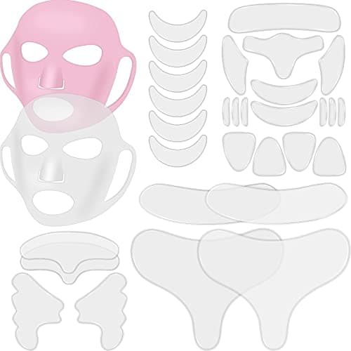 32 Pièces Patchs Réutilisables pour Visage Coussinets en Silicone pour Cou Front Couvertures de Masque Faciaux en Silicone pour Lissage de Visage Poitrine Yeux Bouche(Transparent, Rose)
