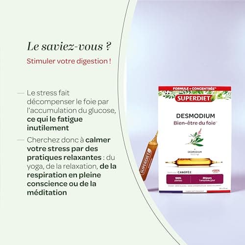 SUPERDIET – DESMODIUM - Bien-être du foie –Bien-être du foie, Draineur hépathique - Phytothérapie-Fabrication Française-20 ampoules 10 ml