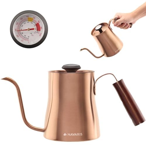 Navaris Bouilloire avec thermomètre - Bouilloire à café 1 L en acier inoxydable avec bec verseur col de cygne et poignée en bois - Infusion marc