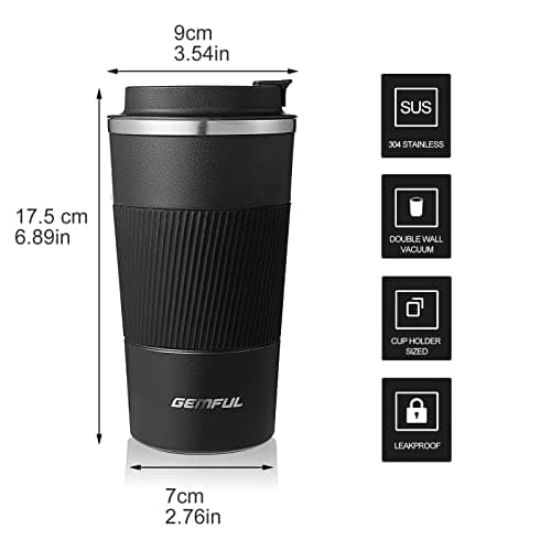 GEMFUL Mug Isotherme Cafe Tasse de Voyage pour café Chaud et Froid Lait et thé 510ml