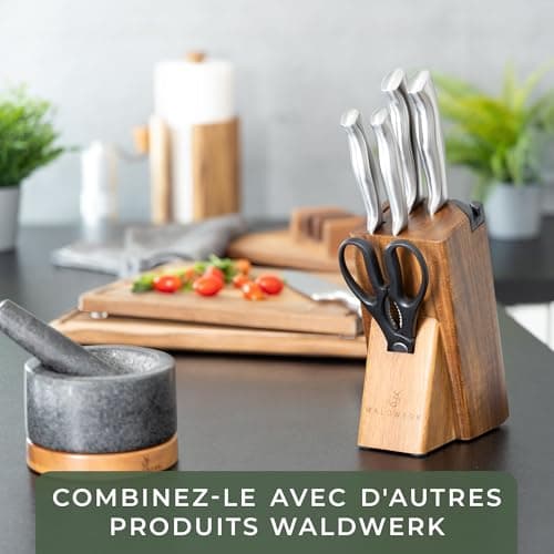 WALDWERK Couteau Cuisine - 7 Couteaux de Cuisine avec Bloc de Rangement et Aiguiseur Intégré - Bloc Couteaux Cuisine - Set Couteaux de Cuisine avec Support - Couteaux et Ustensiles de Cuisine