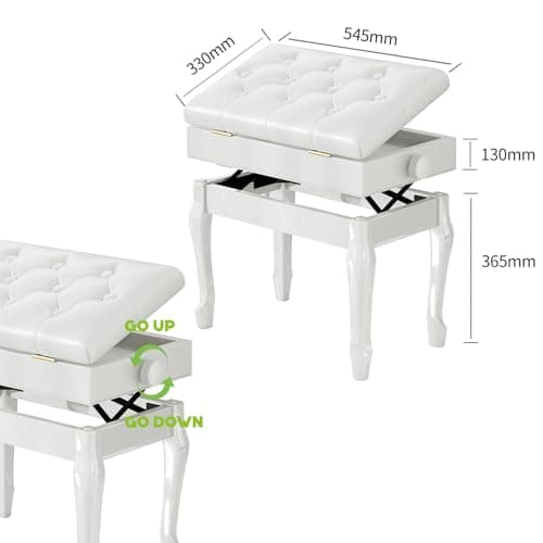 Jargrovs Banc de Piano,Banc Piano en Cuir PU épais à 10 Boutons, Tabouret Piano réglable en Hauteur à Pieds courbés en Bois Massif,Banquette Piano avec Compartiment de Rangement,Tabouret Piano Blanc
