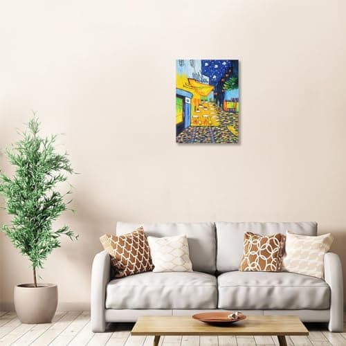 Fokenzary Peinture à la main Café Terrasse Reproduction de Vincent Van Gogh abstrait Tableau sur toile murale encadrée prête à accrocher, 12x16in