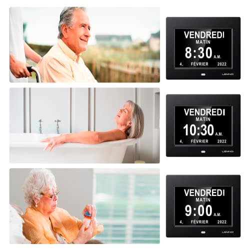 LEMNOI 7" Pouce LCD Horloge Numérique Calendrier Noire avec Date Jour Et Heure Horloge Non-Abrégée Auto Dimming 8 Langues HD Display Rappel pour Alzheimer Les Personnes âgées et Les Enfants