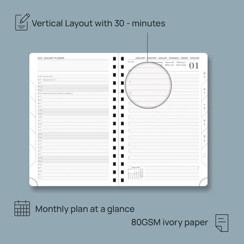 POPRUN Agenda 2025 Journalier 21,5 x 14,5 cm - Couverture Rigide Spirale, 1 Page par Jour A5 Agenda, D'Jan 2025 à Déc 2025-12 Mois, Avec règle signet, Papier Certifié FSC® 80 g/m2, Jaune clair