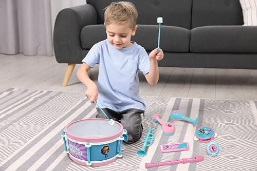 Lexibook, Gabby et la Maison Magique, Set de 7 instruments de musique (Tambour, Maracas, Castagnette, Harmonica, Flûte, Trompette, Tambourin), Jouet Musical, Pratique à transporter, Rose/bleu, K360GDH