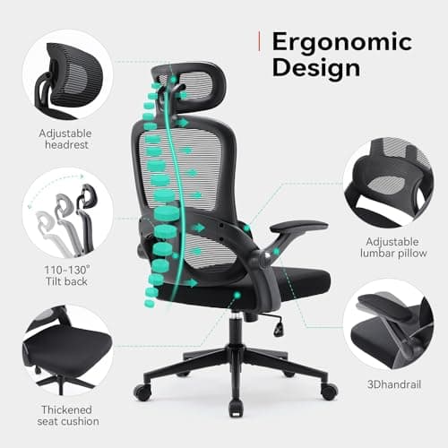 SIHOO M102C Chaise de Bureau, Chaise Ergonomique Fauteuil de Bureau Dossier Haut, Chaise de Bureau Grande et Haute avec accoudoirs rabattables, Soutien Lombaire réglable, Chaise avec appuie-tête,Noir