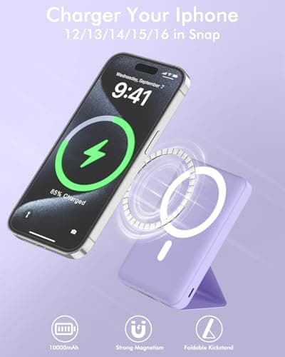Podoru Batterie Externe Mag-Safe, 10000mAh Batterie Externe IPhone, Pliable Batterie Mag-Safe PD 22.5W Charge Rapide USB-C Affichage LED pour iPhone 15/14/13/12/Mini/Pro/Max - Violet Clair