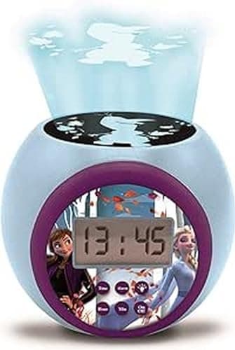 Lexibook Réveil projecteur Disney La Reine des Neiges 2 Anna Elsa avec fonction alarme et répétition snooze, veilleuse avec minuterie, écran LCD, à piles, bleu/violet, RL977FZ