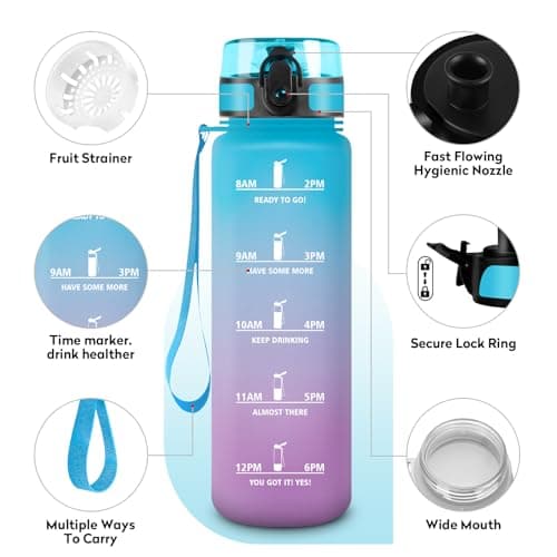 Gourde Sport 1L, Étanche et Réutilisable, Gourde, Bouteille d'eau 1 Litre avec Marqueur de Temps et Filtre, Bouteille pour Adulte, l'école, Cyclisme, Voyage, Camping, Fitness, Yoga, Bureau, Gym