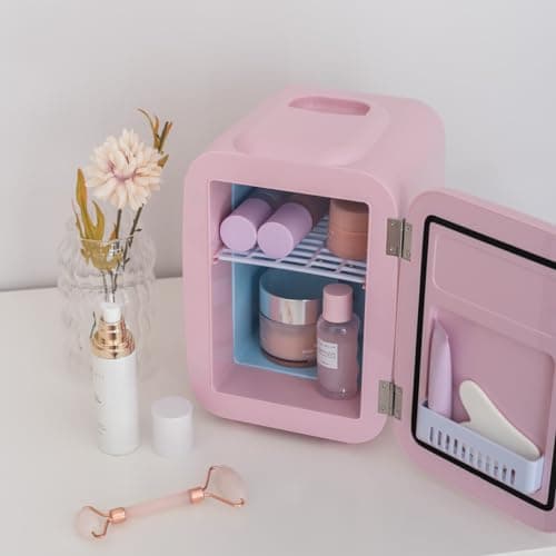 Flamingueo Mini Frigo - Petit Frigo 4L, Mini Frigo de Chambre, 12V/220V, Fonction Chaud et Froid, Mini Frigo Cosmetique, Frigo Maquillage, Mini Fridge