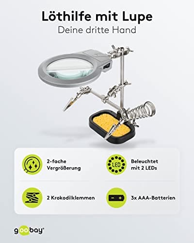 goobay 51226 Troisième main à souder avec loupe et support de fer à souder / l'aide idéale pour tous les travaux de soudure délicats / Ajustable avec Pinces Crocodiles / noir
