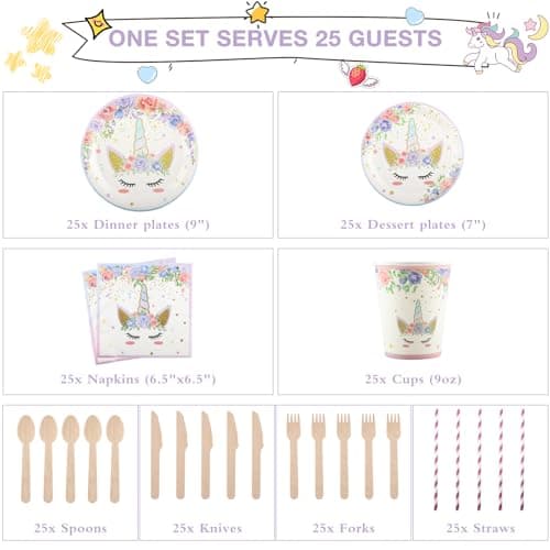 Assiettes Anniversaire Rose Licorne, Vexillic Set de Vaisselle de Fête Licorne 200 Pièce Réutilisable Decoration Anniversaire Licorne Fille Assiettes Tasses Serviettes Fourches (25 Invités)