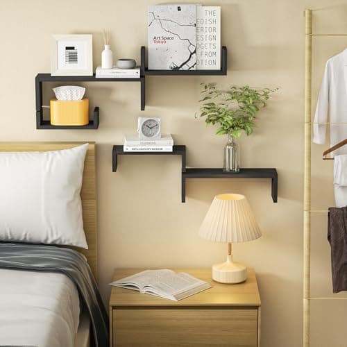 SRIWATANA Etagere Murale Noir Lot de 5, Étagère Murales Bois Suspendue, Etagere Flottante de Rangement, DIY Déco Tablette Flottante pour Salon Chambre Bureau Salle de Bains, Cuisine, Charge Max.40kg