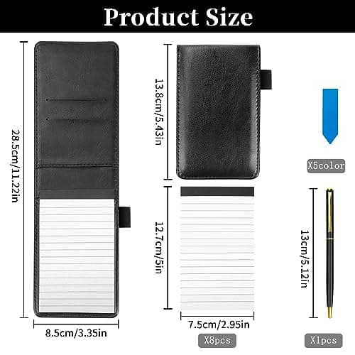 SHAIDOJIO 11PCS Bloc Notes de Poche A7, Noir PU Cuir Petit Carnet de Notes de Poche avec 50 Feuilles Lignées, Mini Carnet Notes avec 8 Bloc-Notes de Remplacement 1 Stylo Métallique et 100 Index Tag