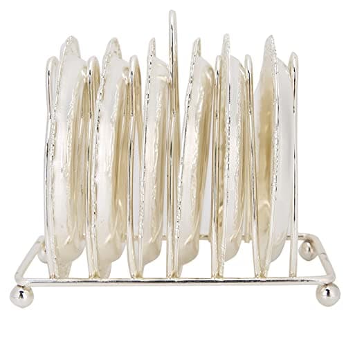 Tomotato 6 Pièces Dessous de Verre, 10cm sous-Verre Ronde en Métal Rétro de Style Européen avec Support, Tapis de Tasse Antidérapants pour Mariage, Dîners, Restaurant, Hôtel(Argent)