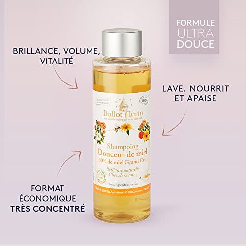 Ballot Flurin - Shampoing Douceur Miel - LAVE, NOURRIT, APAISE - Brillance naturelle, Chevelure saine - 30% Miel bio - Tout type de cheveux - Fabriqué en France - certifié Cosmébio - 250 ml