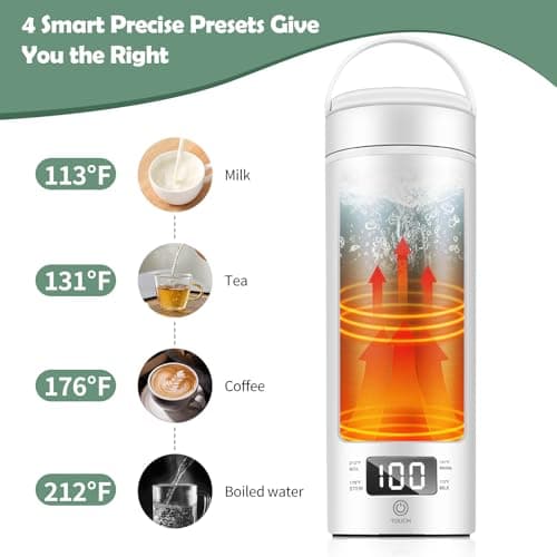 Bouilloire électrique de Voyage Portable, Euakee Chaudière à eau Chaude de 450 ml, 4 Contrôles de Température, Arrêt Automatique et Protection Contre l'ébullition avec Acier Inoxydable 316 sans BPA