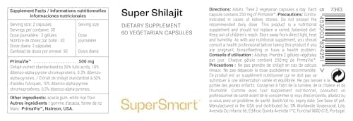 Super Shilajit (Primavie ®) - Capsule Tonique Ayurvédique - Booste la Vitalité et l'Énergie - Contribue à Augmenter la Biodisponibilité de la CoQ10 ainsi que l'Endurance Physique - Vegan Supersmart