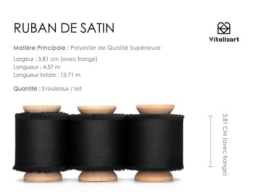 Vitalizart Ruban de Satin Soyeux Noir 3,8 cm x 13,7 m, Rubans Effilochés en Tissu à Franges Faits à la Main pour l'Emballage de Cadeaux, les Décorations Festives, les Bouquets de Mariées