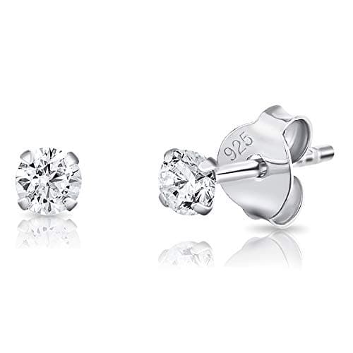 DTPsilver® boucles d'oreilles femme argent 925 - MINI/Petits/Moyens Clous Puces d'oreilles et Oxyde de Zirconium Ronds - Diamètre: 3 mm - Blanc/Clair CZ