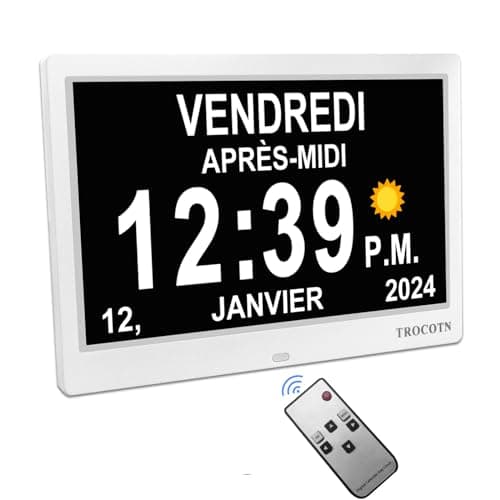 TROCOTN 10 Pouces Horloge numérique Horloge de Jour Grand écran réveil Horloge Murale (Blanc)