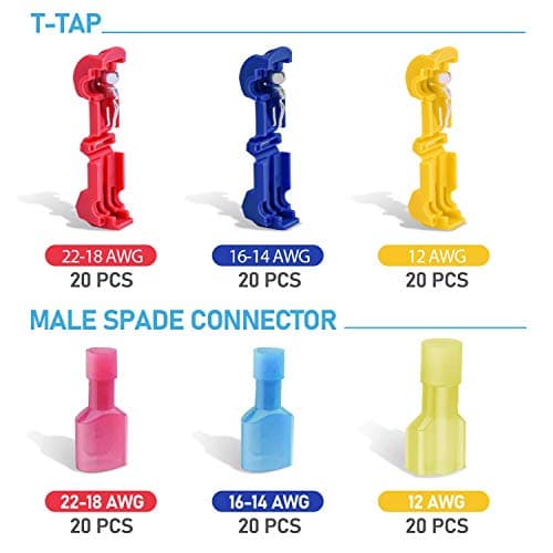 RUNCCI-YUN 120Pcs Connecteur de fil T-Connecto rapide de cosse électrique, connecteur rapide T-Tap, Kit de connecteur terminal entièrement isolé-bleu x 40pcs,jaune x 40pcs,Rouge x 40pcs