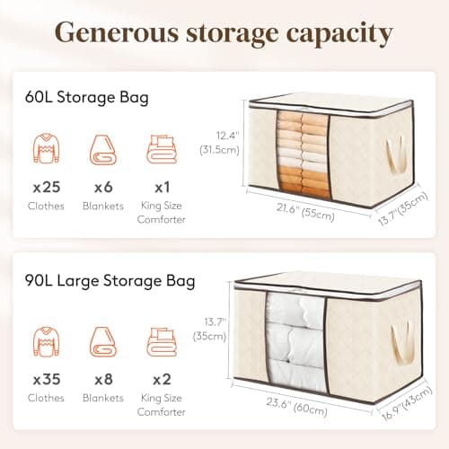 Lifewit Lot de 6 Sac Rangement Vetement 60L, Boite Rangement Déménagement Bac de Rangement pour Vêtements, Couvertures, Couettes, Caisse Rangement Pliable avec Poignée Renforcée, Beige