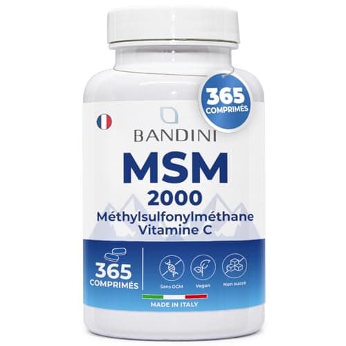 Bandini® MSM 2000 mg + Vitamine C | 365 Comprimés 100% Végan de Méthylsulfonylméthane | Complexe pour les Os, Articulations, Cheveux, Peau & Système Immunitaire | Soufre Complément Alimentaire Naturel