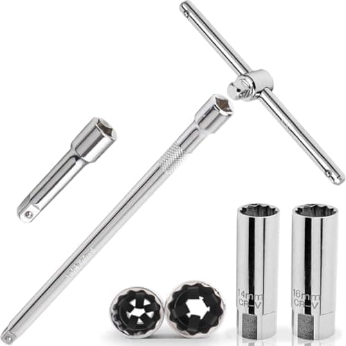 TAPKUA 16mm 14mm Jeu de 5 Clé à Bougie D'allumage, avec Perche D'extension 25 cm + 7,6 cm, 3/8" Manchon Outil D'installation des Bougies D'allumage