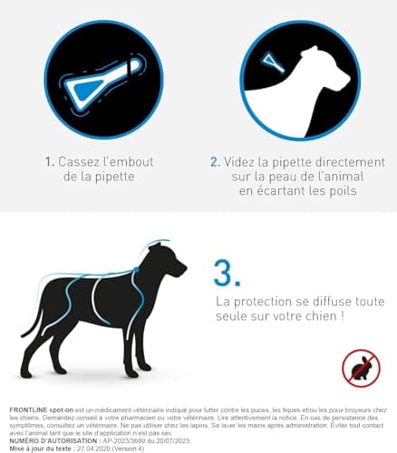 FRONTLINE Spot on Chien - Anti Puces, Anti-Tiques et Poux - Élimine Puces Pendant 8 Semaines-Tiques Pendant 4 Semaines - pour Chien 20 à 40 kg - Fabriqué en France - 3 Pipettes